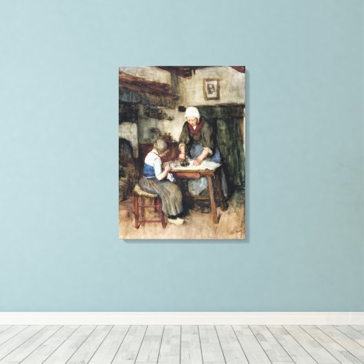 Albert Neuhuys Interior met een Vrouwenstrijder en Canvas Afdruk (Insitu (Houten vloer))