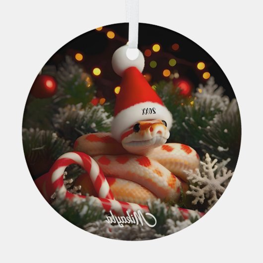 Albino maïs slang in een kerstmuts glas ornament (Achterkant)