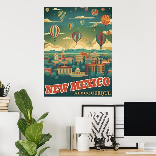 Albuquerque, New Mexico met een heteluchtballon Poster (Thuiskantoor)