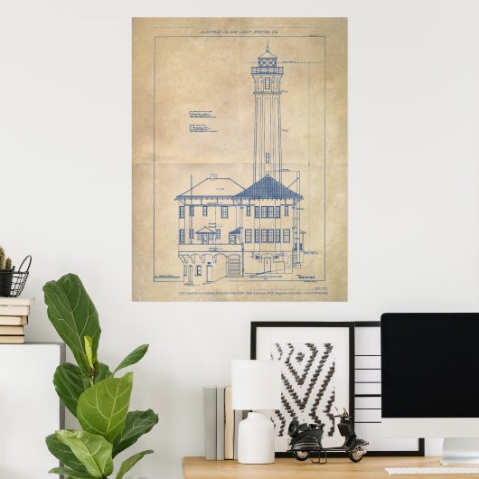 Alcatraz Island Lighthouse Blueprint  Poster (Thuiskantoor)