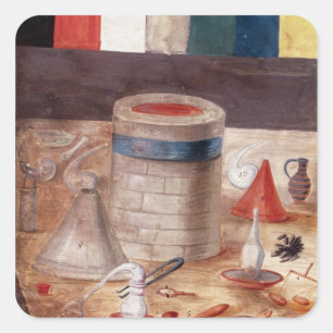 Alchemieapparatuur, naar verluidt geschreven vierkante sticker