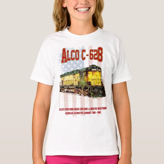 Alco C-628 Diesellocomotief en Amerikaanse vlag T-shirt (Voorkant)
