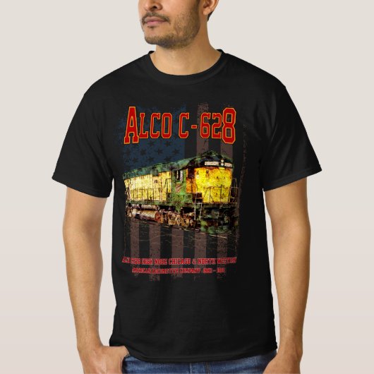 Alco C-628 Diesellocomotief en Amerikaanse vlag T-shirt (Voorkant)