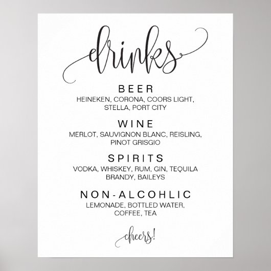 Alcohol Cocktail Drinken Bar Editable Wedding Sign Poster (Voorkant)