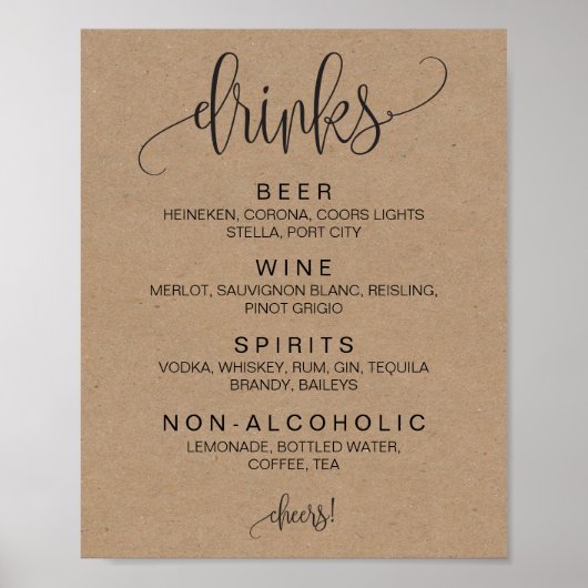 Alcohol Cocktail Drinken Bar Editable Wedding Sign Poster (Voorkant)