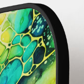Alcohol en inkt Artsy groen, blauw en geel Pickleball Paddle (Links Detail)