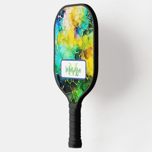 Alcohol en inkt Artsy groen, blauw en geel Pickleball Paddle (Links)