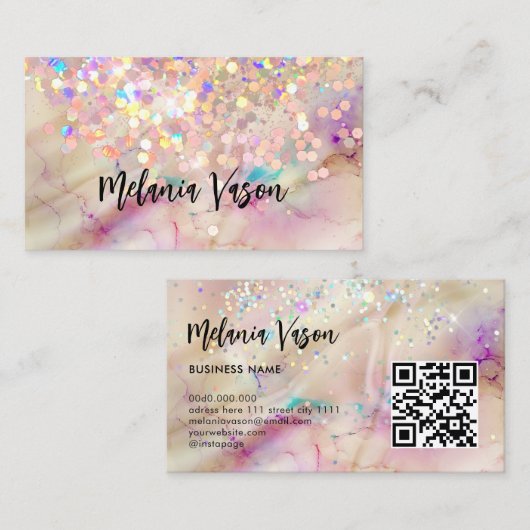 Alcohol Ink Beauty Salon Holographic Glitter Pink Visitekaartje (Voorkant / Achterkant)