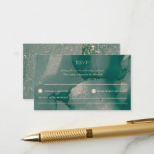 Alcohol Ink Green Glitter Wedding RSVP Ca Kaart
