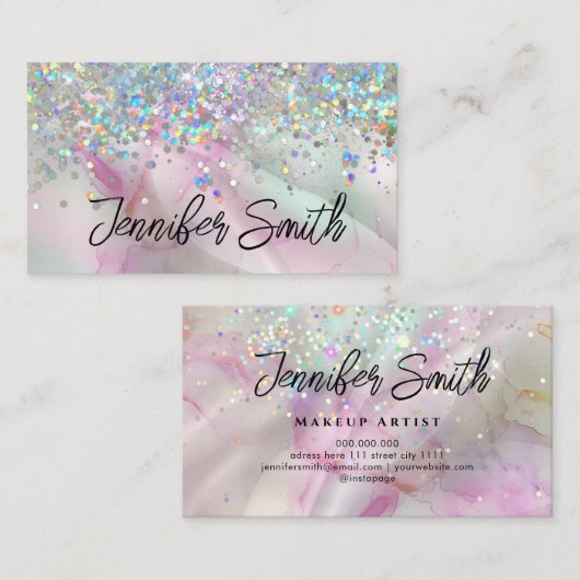 Alcohol Ink Makeup Artiest Holographic Glitter Pin Visitekaartje (Voorkant / Achterkant)
