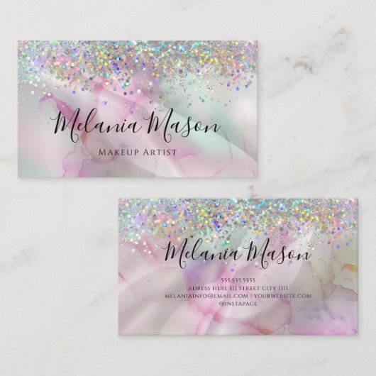 Alcohol Ink Makeup Artist Holographic Glitter Chic Visitekaartje (Voorkant / Achterkant)