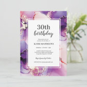 Alcohol Ink Paars Gold Birthday Party Invitation Kaart (Staand voorkant)