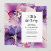 Alcohol Ink Paars Gold Birthday Party Invitation Kaart (Voorkant / Achterkant)