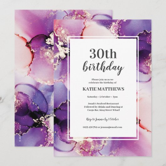 Alcohol Ink Paars Gold Birthday Party Invitation Kaart (Voorkant / Achterkant)