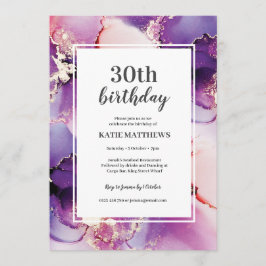 Alcohol Ink Paars Gold Birthday Party Invitation Kaart