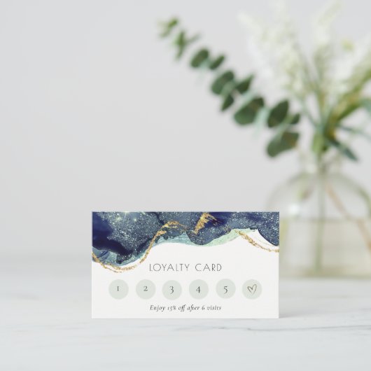 Alcohol Ink Silver Navy Glitter 6 Punch Loyalty Visitekaartje (Staand voorkant)