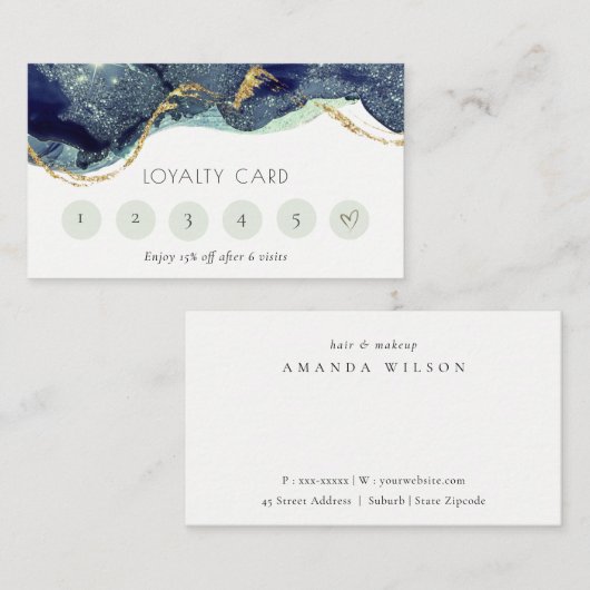 Alcohol Ink Silver Navy Glitter 6 Punch Loyalty Visitekaartje (Voorkant / Achterkant)