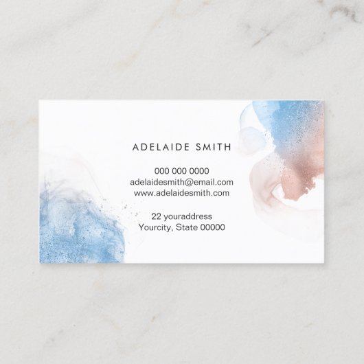 Alcoholinkt en faux glitter blauw roos goud visitekaartje (Achterkant)