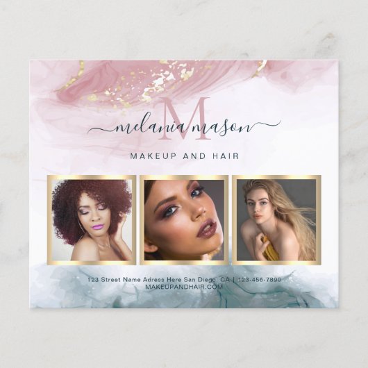 Alcoholinkt Goud Blush Blauw Waterverf Foto Flyer (Voorkant)