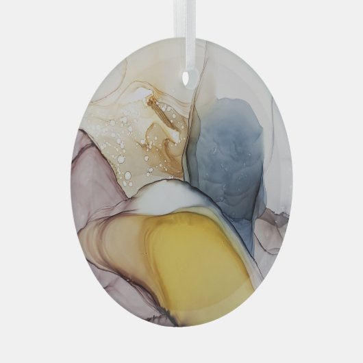 Alcoholinkt wervelt, gele tint, abstract. glas ornament (Voorkant Rechts)