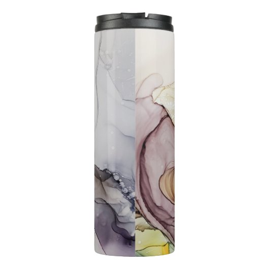 Alcoholinkt wervelt, gele tint, abstract. thermosbeker (Achterkant)