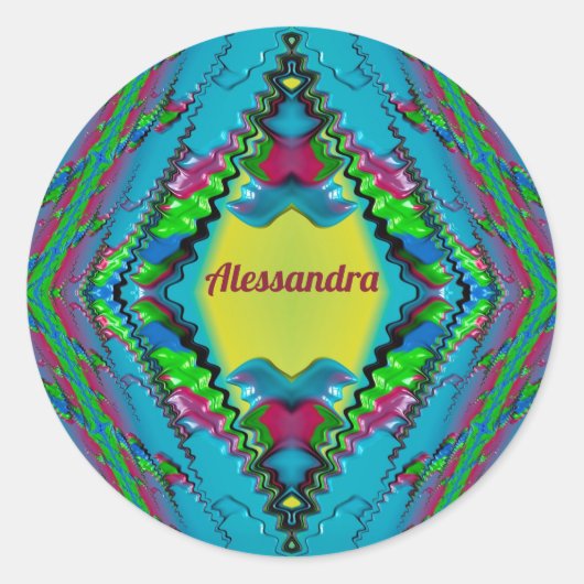 ALESSANDRA ~ Zwart Roze Blauw en Geel Fractal ~ Ronde Sticker (Voorkant)