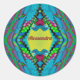 ALESSANDRA ~ Zwart Roze Blauw en Geel Fractal ~ Ronde Sticker