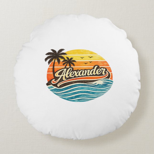 Alexander Retro Zonsondergang Naamontwerp Rond Kussen (Voorkant)