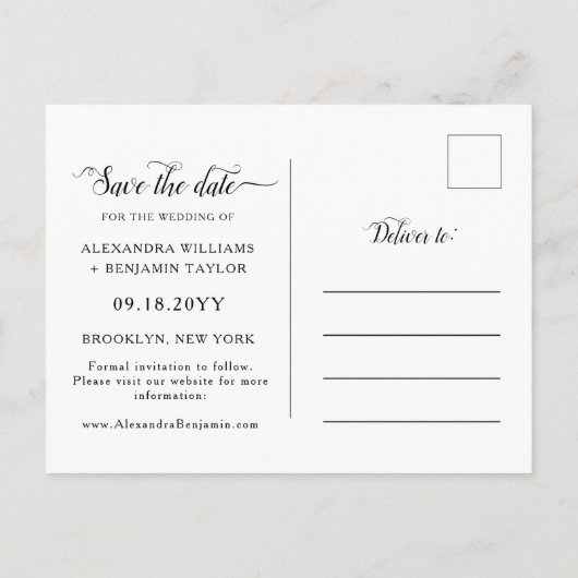 Alexandra Elegant Black Script Photo Save the Date Aankondigingskaart (Achterkant)