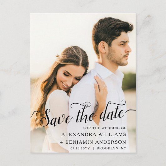 Alexandra Elegant Black Script Photo Save the Date Aankondigingskaart (Voorkant)