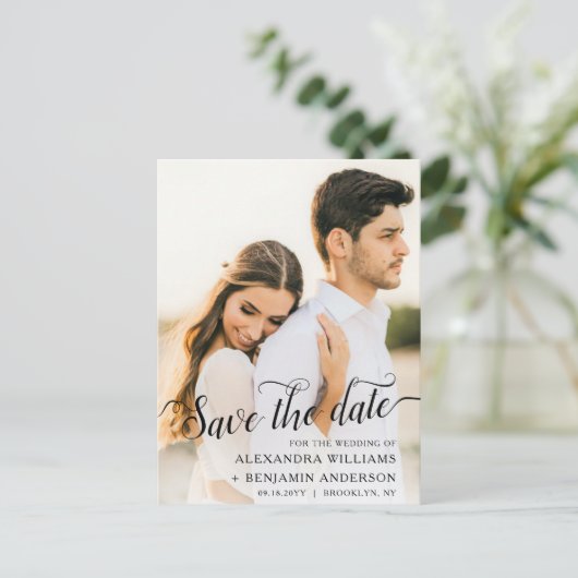 Alexandra Elegant Black Script Photo Save the Date Aankondigingskaart (Staand voorkant)