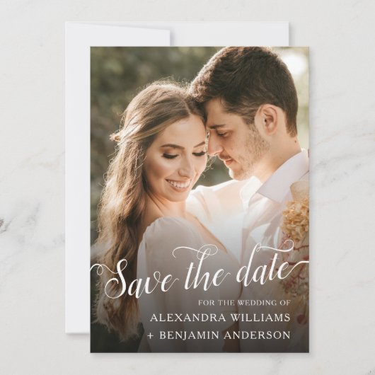 Alexandra Elegant Black White Script Photo Save The Date (Voorkant)
