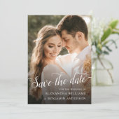 Alexandra Elegant Black White Script Photo Save The Date (Staand voorkant)