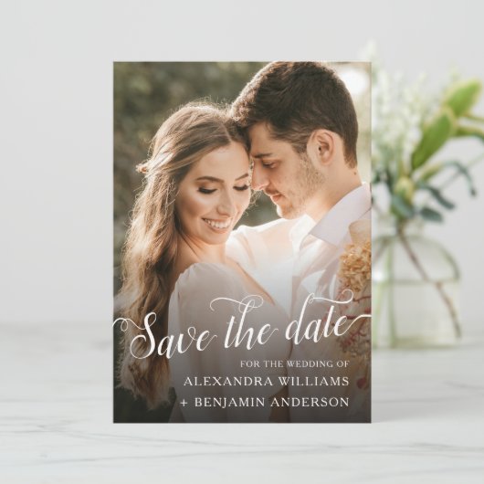 Alexandra Elegant Black White Script Photo Save The Date (Staand voorkant)