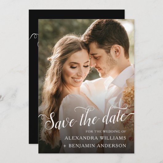 Alexandra Elegant Black White Script Photo Save The Date (Voorkant / Achterkant)