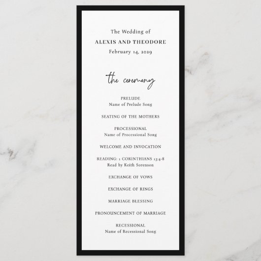 Alexis Zwart-wit Elegante Moderne Bruiloft Programmakaart (Voorkant)