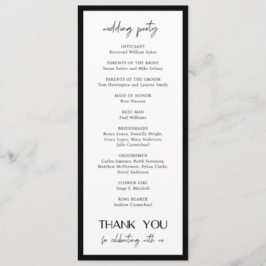 Alexis Zwart-wit Elegante Moderne Bruiloft Programmakaart (Achterkant)