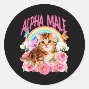 Alfa man Funny Kat Kittens Regenboog Bloem Ronde Sticker