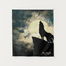 Alfa Wolf Huilt Bij De Volle Maan 's Nachts  Wandkleed
