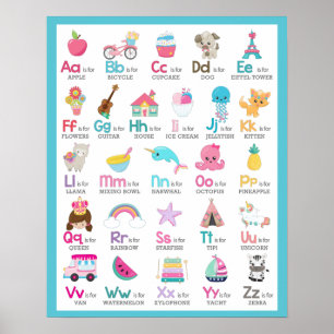 Alfabet A tot Z Kinderen Baby Nursery op Blauw Poster