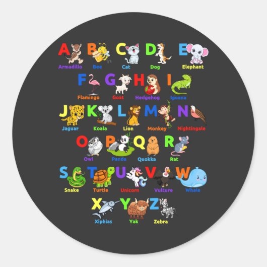 Alfabet Animal ABCs Learning Ronde Sticker (Voorkant)