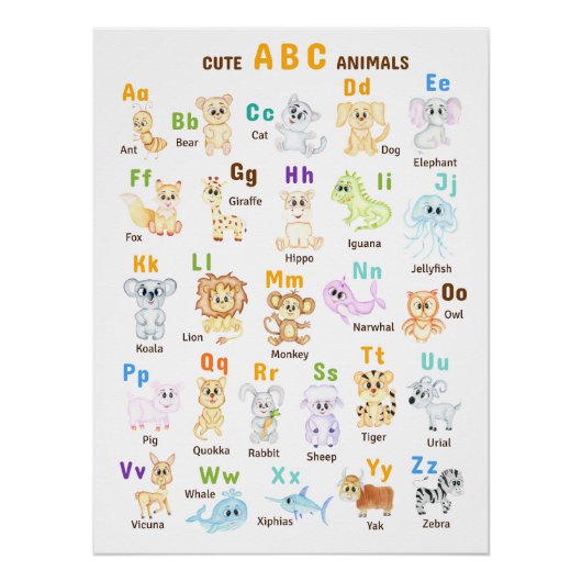 Alfabet Dier ABC Leuke dieren Perfect Poster (Voorkant)