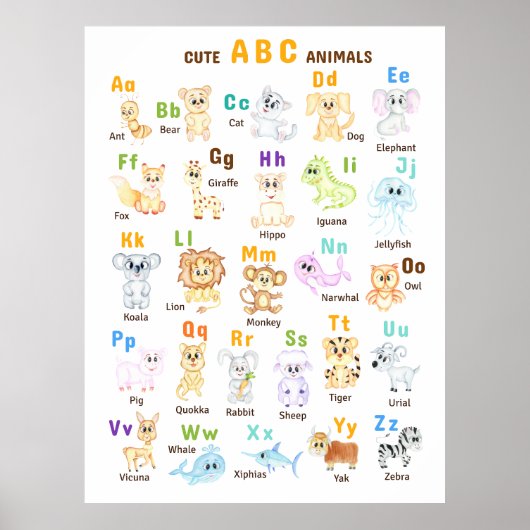 Alfabet Dier ABC Leuke dieren Poster (Voorkant)