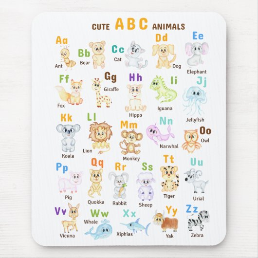 Alfabet Dier ABC Schattige dieren Muismat (Voorkant)