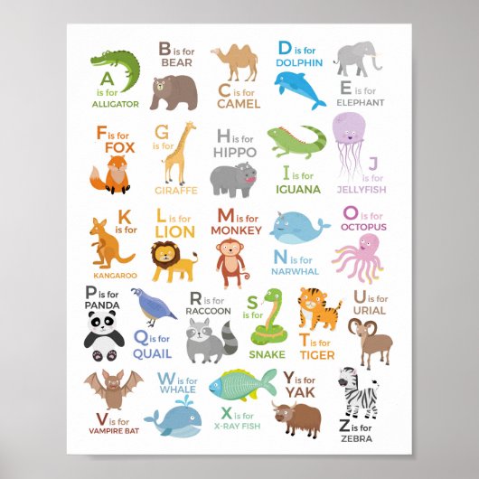 Alfabet Dierenposter A - Z Kinderen Educatief Poster (Voorkant)
