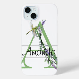 Alfabet letter A, waterverf Lavendel Dragonfly iPhone 15 Mini Hoesje