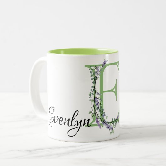 Alfabet letter E Lavendel Eucalyptus monogram Tweekleurige Koffiemok (Voorkant links)