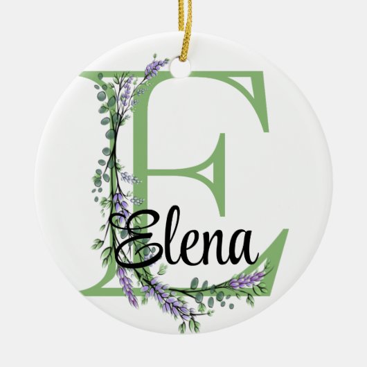 Alfabet letter E, waterverf Lavendel botanisch Keramisch Ornament (Voorkant)