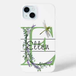 Alfabet letter E, waterverf Lavendel Dragonfly iPhone 15 Mini Hoesje