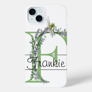 Alfabet letter F, waterverf Lavendel Dragonfly iPhone 15 Mini Hoesje